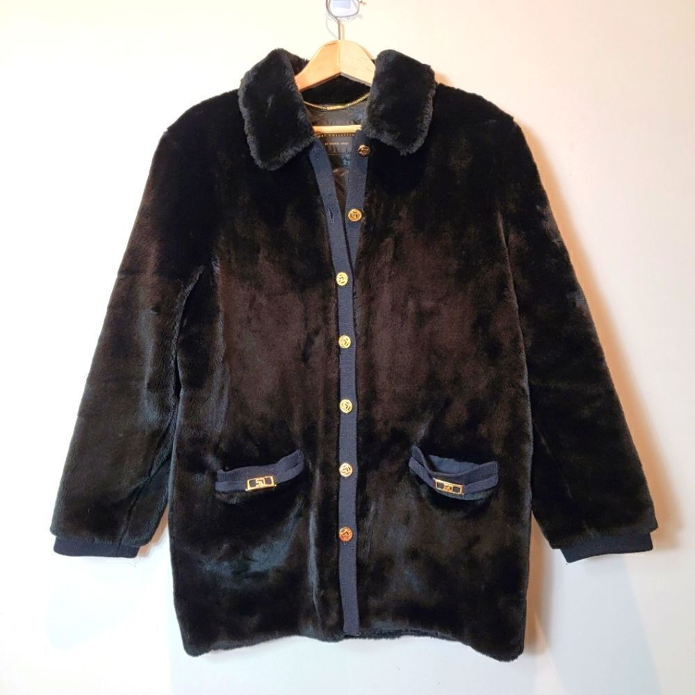 St. John Black Faux Fur Gold Tone SJ Button Trim Luxury Designer Coat Size S